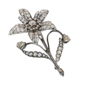 Antique diamond floral trembleuse brooch in gold and silver, circa 1840